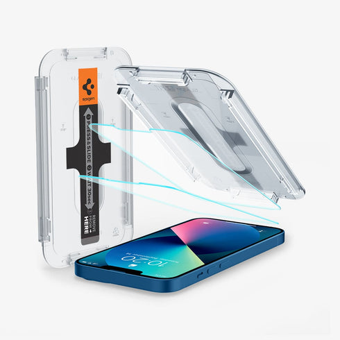 AGL03375 - iPhone 13 Pro Max Screen Protector EZ FIT GLAS.tR SLIM showing the device with two screen protectors and ez fit alignment tray